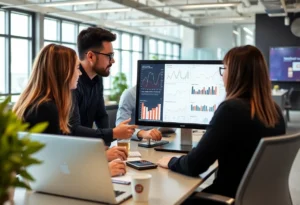 Marketers analyzing cohort data in a modern office