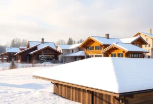 Various roof designs managing snow loads in a winter setting.