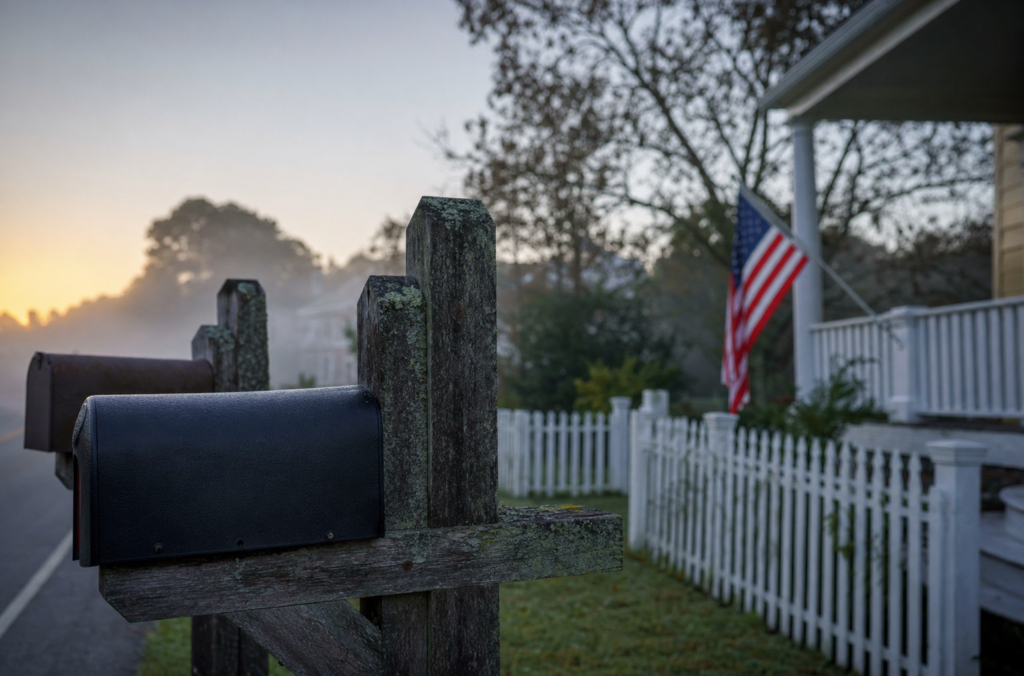 Mailbox posts along a quiet street at dawn.