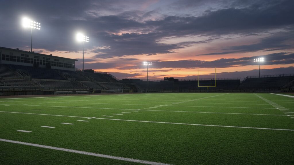 Empty football stadium field and bleachers under gray sky